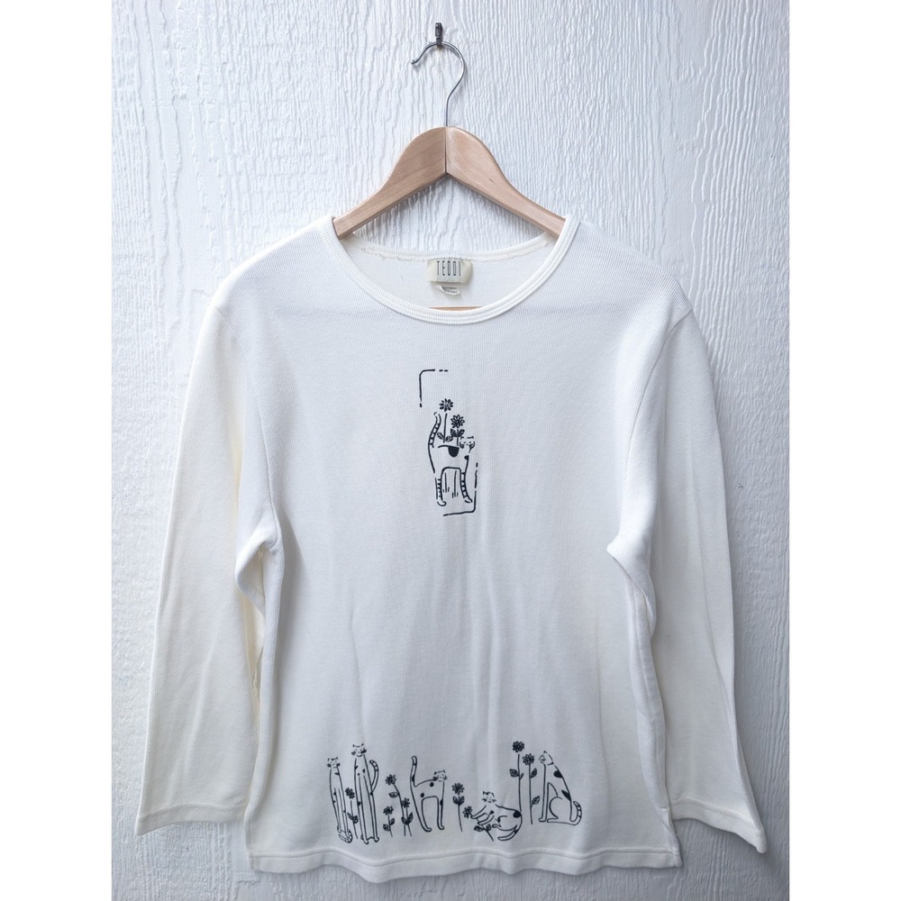 Vintage Teddi White Thermal Top Shirt Cats Cat Lover Size Medium
